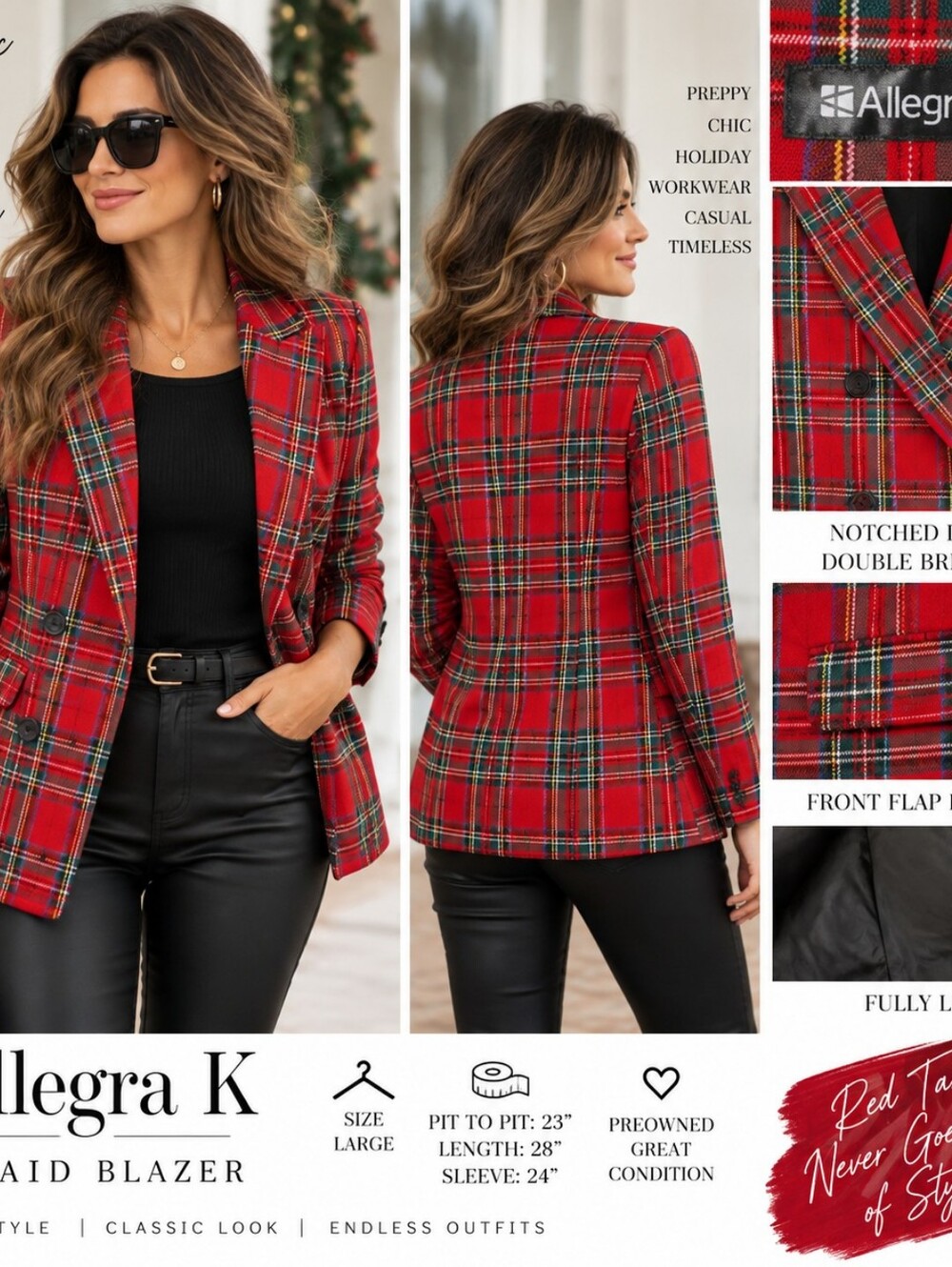 Red Tartan Plaid Double Breasted Blazer Jacket Size L